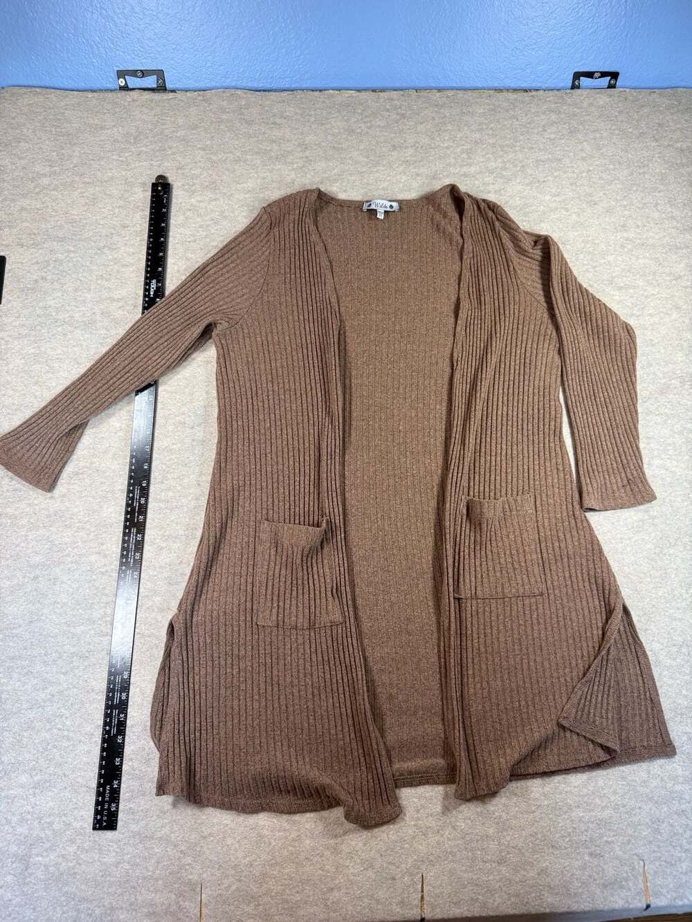 Wilde Womens 2X Camel Brown Ribbed Open Front Duster Cardigan Pockets Boho